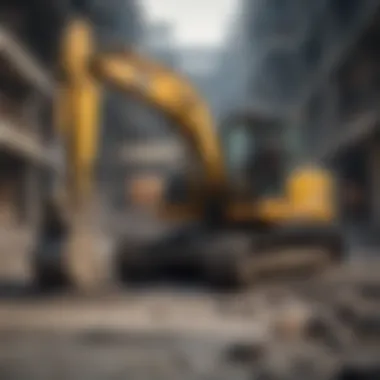 Excavator on Concrete Demolition Excavator efficiently removing large concrete slabs