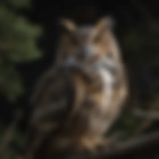 Majestic great horned owl perched on a tree branch at night