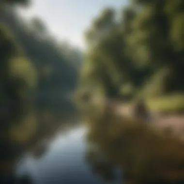 A serene fishing spot with a novice angler casting a line into the water