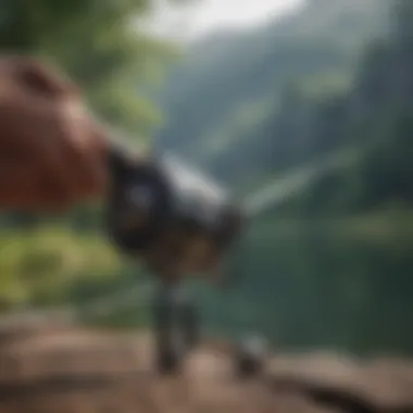 A close-up of quality fishing rod and reel set up on a lakeside