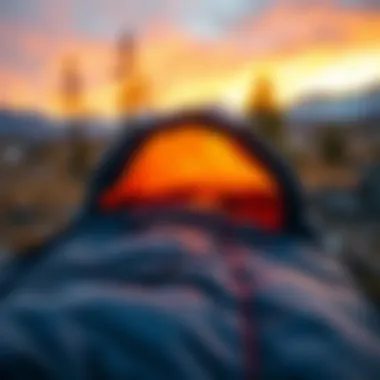 Thermal insulating sleeping bag in a scenic setting