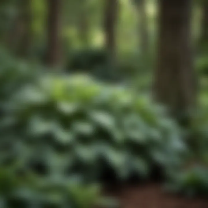 Vibrant Hosta plants under tree canopy in Georgian garden