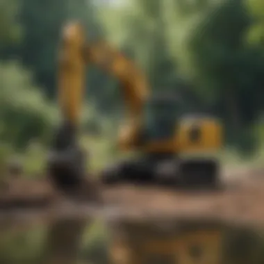 Excavator at work near a pond