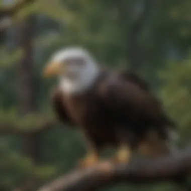 A close-up of a bald eagle perched on a tree branch