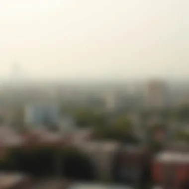 A panoramic view of an urban landscape with visible air pollution