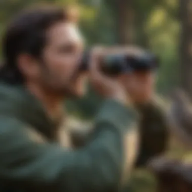 Birdwatching Enthusiast in Action An enthusiast observing birds through binoculars, immersed in nature.