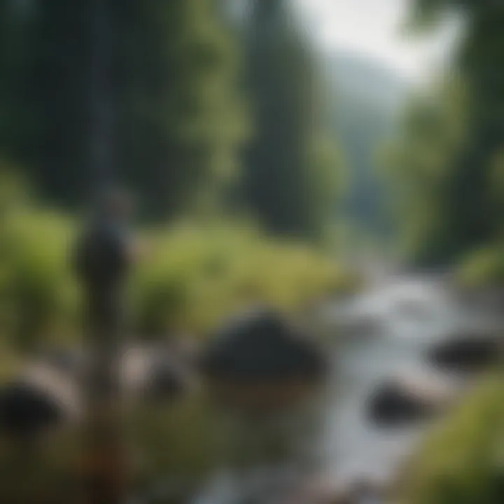 Fly fishing rod against a backdrop of lush greenery and flowing river