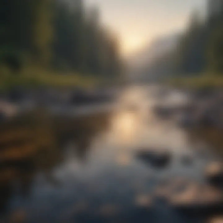 Sunrise over mist-covered mountains beside a rippling stream