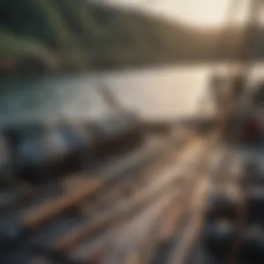 A close-up of fishing rods and equipment on a boat deck