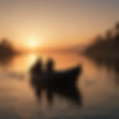 A picturesque sunset setting behind a silhouette of a fishing boat