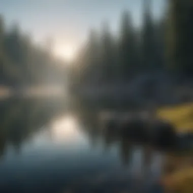 Tranquil Lake Fishing License Acquisition Serene lake setting for fishing license procurement