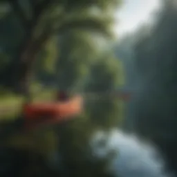 Serene lake surrounded by lush greenery, perfect for kayaking.