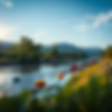 Clean River Initiative A serene landscape featuring a clean river and volunteers collecting waste along the banks