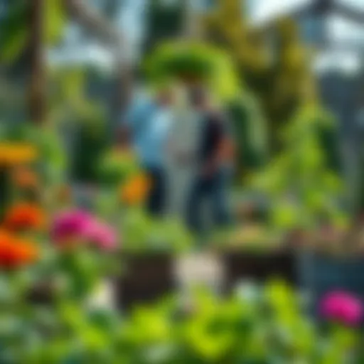 A vibrant community garden thriving with diverse plants and volunteers tending to it