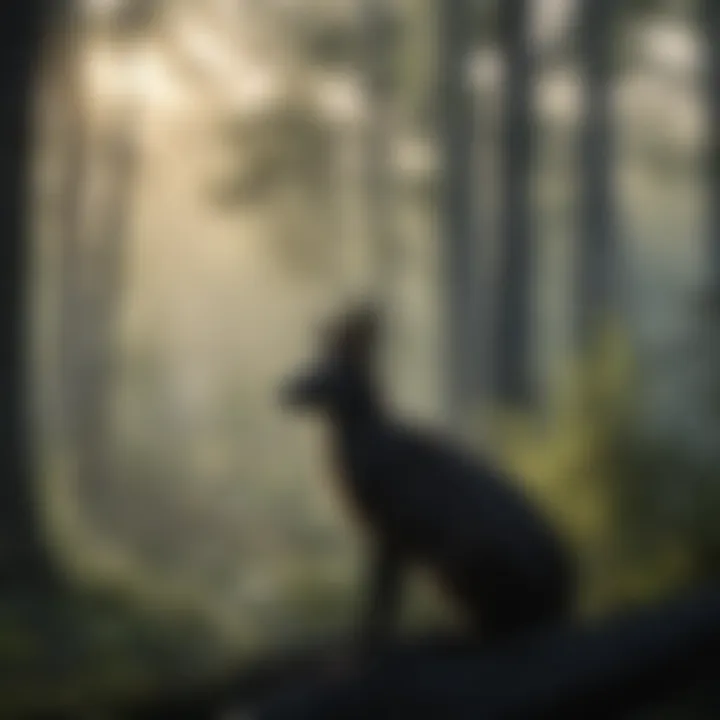 Silhouette of diverse wildlife against a forest backdrop at dusk