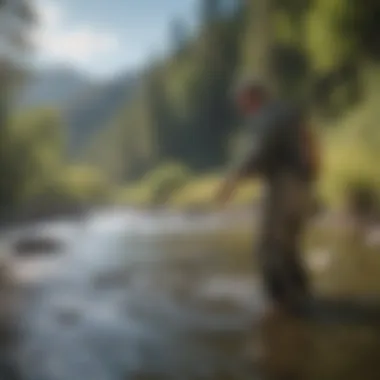 A picturesque scene of an angler casting a fly line into the flowing waters of Clear Creek.