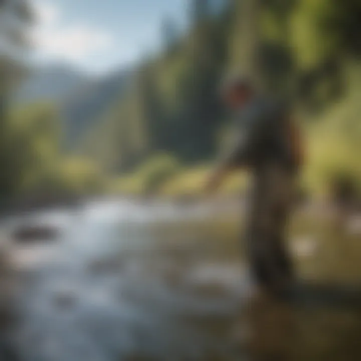 A picturesque scene of an angler casting a fly line into the flowing waters of Clear Creek.