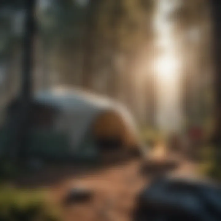 Cozy campsite with a tent set up amidst tall trees