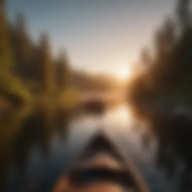 A serene lake at sunset, providing a backdrop for canoeing activities