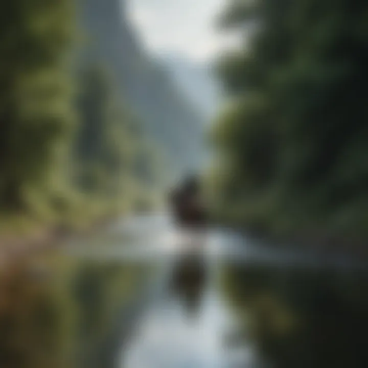 Horse and rider crossing a glistening river in a lush valley