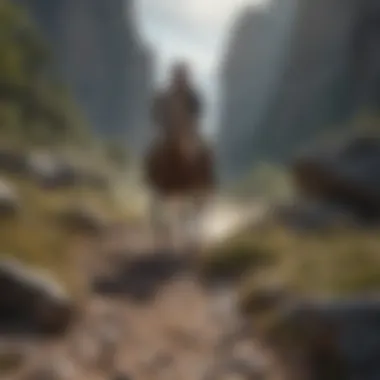 Rider navigating a rocky mountain trail on a spirited horse
