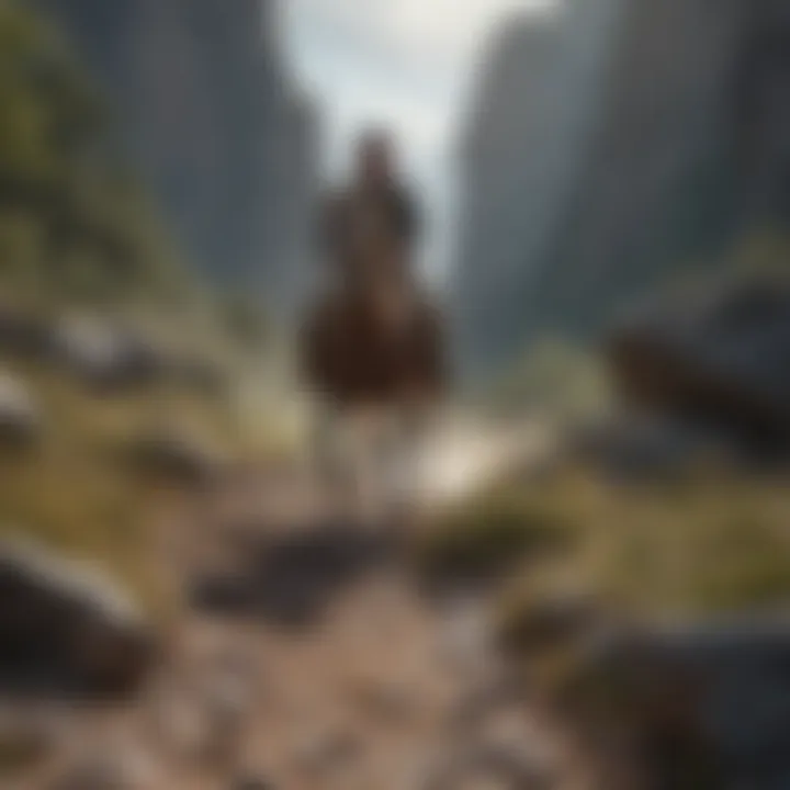 Rider navigating a rocky mountain trail on a spirited horse