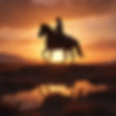 Dusk Serenade: Silhouetted Rider under a Vibrant Sunset Sky Silhouette of a horseback rider against a vibrant sunset sky