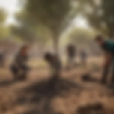 Diverse group of volunteers planting trees in barren land