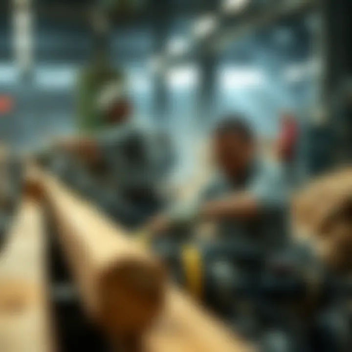 Lumber Processing Techniques Workers operating machinery in a lumber processing facility