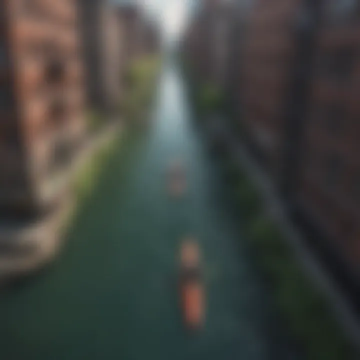 An aerial view of kayakers paddling through the cityscape, highlighting the urban waterways.