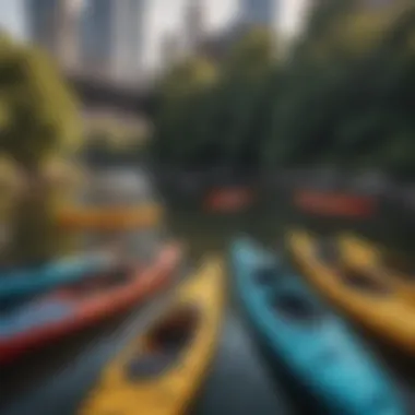 A vibrant scene showcasing various kayaks lined up for rent at a popular NYC kayaking location.