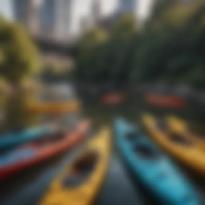 A vibrant scene showcasing various kayaks lined up for rent at a popular NYC kayaking location.