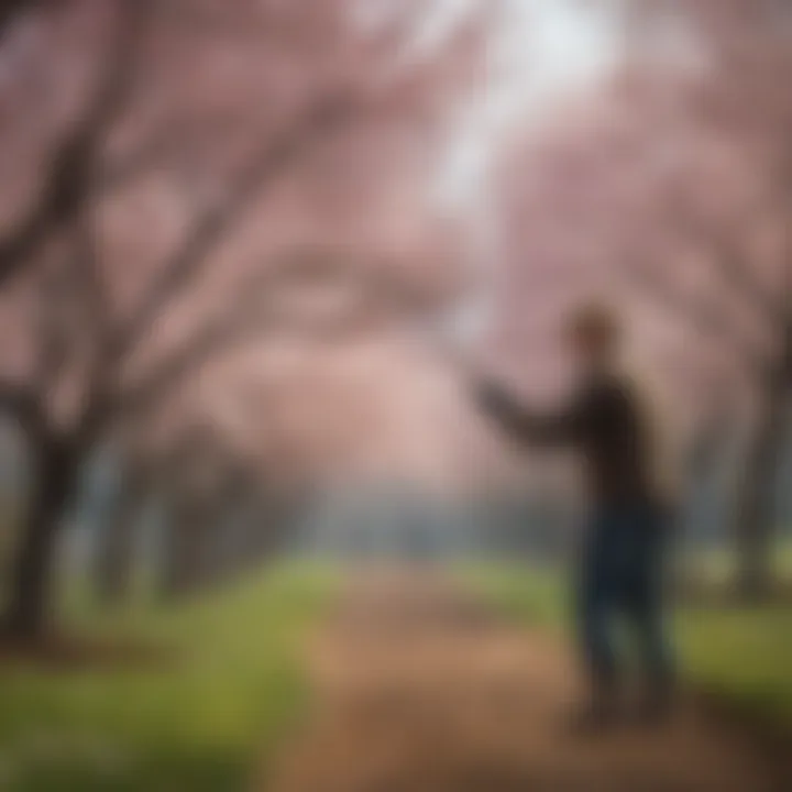 A gardener tending to late blossom trees, demonstrating cultivation practices