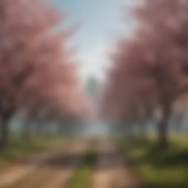 Serene Landscape with Late Blossom Trees A serene landscape showcasing a variety of late blossom trees in full bloom