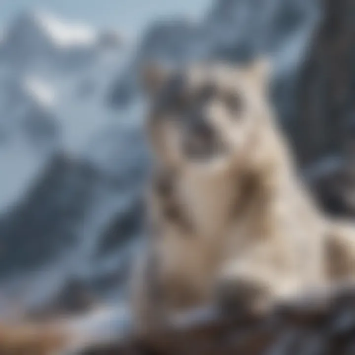 Ethereal Snow Leopard Camouflaged Among Snowy Peaks