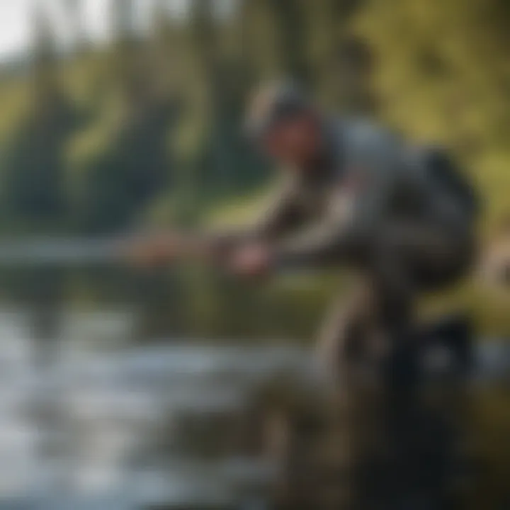 A seasoned angler casting a line into the water with determination.