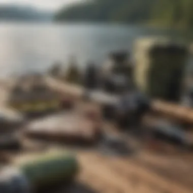 A close-up of specialized musky fishing gear laid out on a wooden dock.