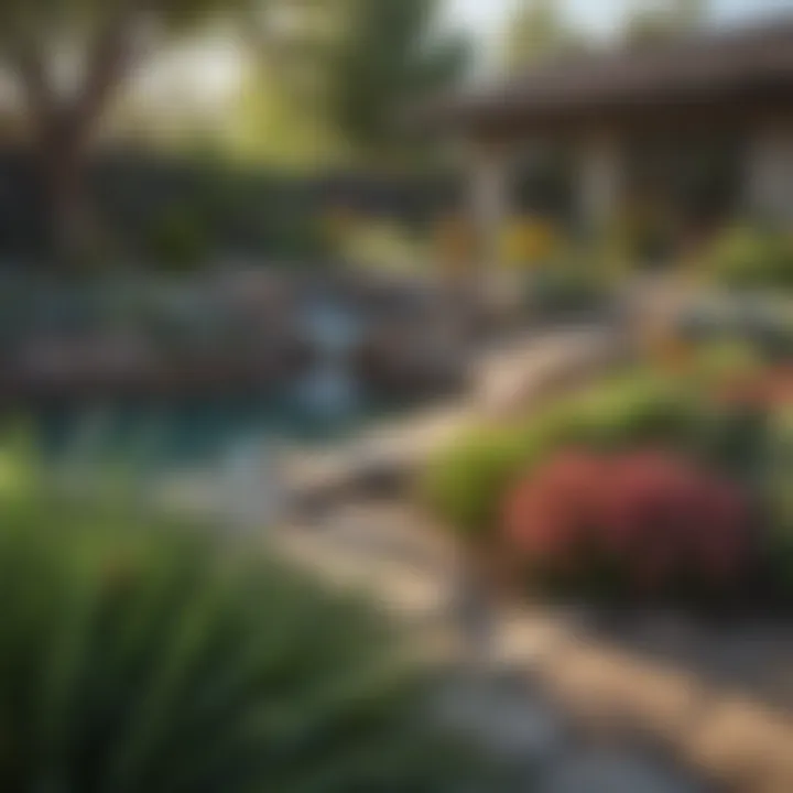 A tranquil backyard featuring a variety of native plants and a water-saving irrigation system