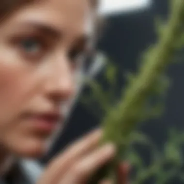Biologist examining a cross-section of a plant stem