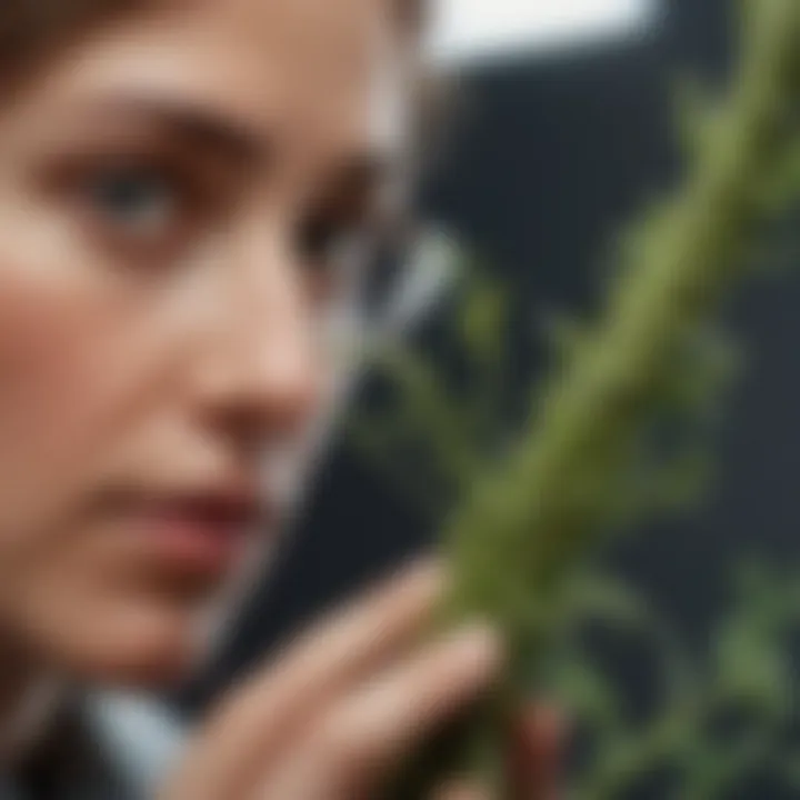 Biologist examining a cross-section of a plant stem