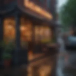 A cozy nook in a vibrant New York City café during rainy weather.