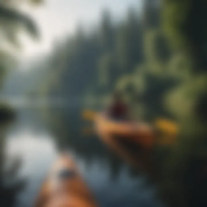 Friends kayaking on a tranquil lake, surrounded by greenery