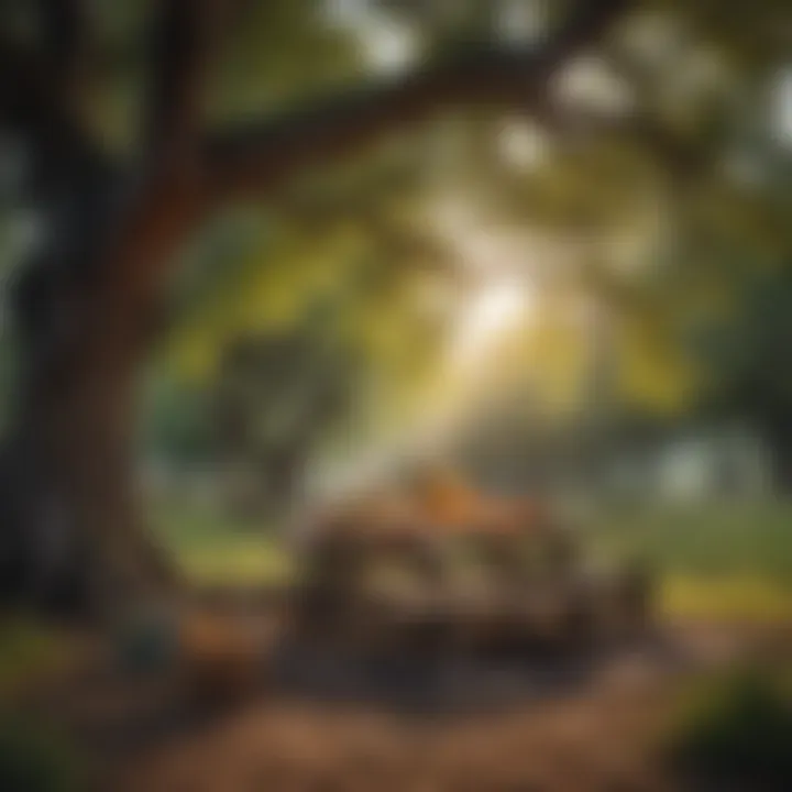 Serene picnic setup under a lush tree with friends enjoying a meal