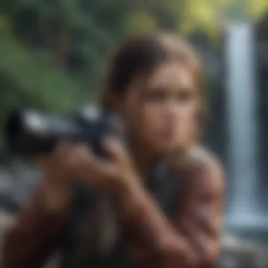 A young adult capturing a breathtaking waterfall with a camera
