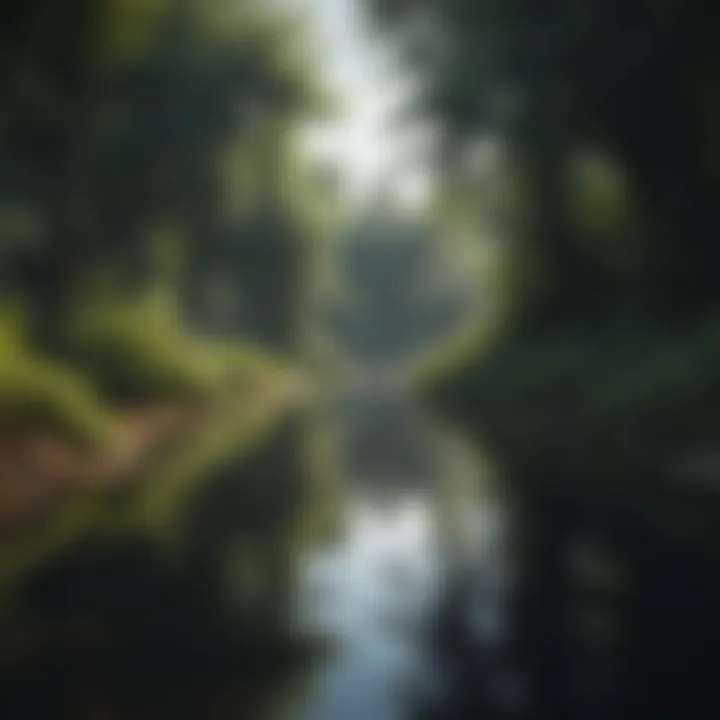 A pond with lush vegetation reflecting the sky