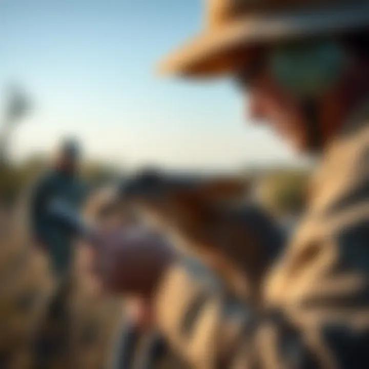 A conservationist examining a rare land species in its natural environment.