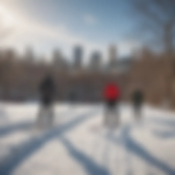 A group of diverse skiers enjoying a winter day in Central Park, illustrating the social aspect of urban skiing.