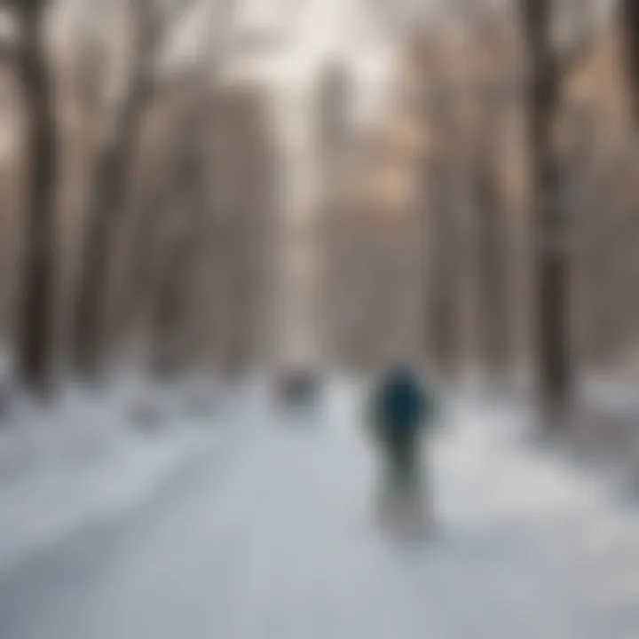 A serene winter landscape in Central Park showcasing skiers navigating through snow-covered trails.