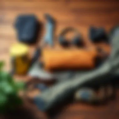 Eco-Friendly Hiking Gear Eco-friendly hiking gear laid out on a wooden background