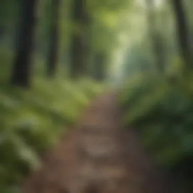 A serene forest path leading through fresh green foliage.